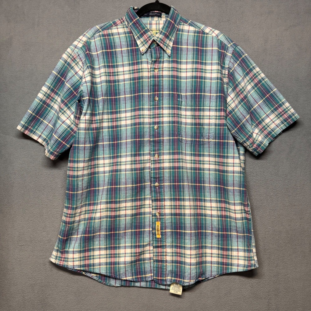 Vintage BD Baggies Short Sleeve Plaid Button Down Shirt L Teal Blue Green Casual